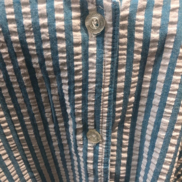 Woman Within 1X Blue and White Vertical Striped Button-Up Seersucker Blouse S/S - Picture 4 of 5